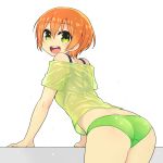  1girl ass blush chan_co green_eyes green_panties hoshizora_rin looking_at_viewer looking_back love_live!_school_idol_project open_mouth orange_hair panties simple_background smile solo underwear white_background 