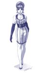  1girl alternate_hairstyle belt bliss_barson breasts cleavage commentary contrapposto crossed_legs cryamore curvy dress earrings elbow_gloves fashion gloves highres jewelry large_breasts lips mole monochrome robert_porter short_hair solo standing updo vertical_stripes 