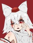  1girl animal_ears bare_shoulders blood detached_sleeves fangs hat heikouidou_(seraeno) injury inubashiri_momiji looking_at_viewer one_eye_closed open_mouth pom_pom_(clothes) red_background short_hair silver_hair simple_background solo symbol-shaped_pupils tokin_hat touhou wolf_ears 