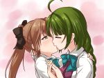  2girls ahoge akigumo_(kantai_collection) bangs blue_bow blunt_bangs bowtie braid brown_hair closed_eyes french_kiss green_eyes green_hair hand_on_another&#039;s_shoulder holding_hands interlocked_fingers kakileaf kantai_collection kiss long_hair long_ponytail multiple_girls saliva single_braid yuri yuugumo_(kantai_collection) 