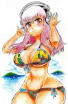  &gt;:3 1girl :3 blush breasts headphones highres large_breasts long_hair looking_at_viewer midriff navel nitroplus pink_eyes pink_hair smile solo super_sonico swimsuit traditional_media 