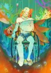  1boy arm_sling bandage_over_one_eye bandaged_arm bandages blonde_hair blue_eyes fish highres intravenous_drip johnny_joestar jojo_no_kimyou_na_bouken leg_cast skyfiss solo wheelchair 