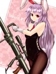  1girl animal_ears anti-materiel_rifle anti-tank_rifle ascot bare_arms bare_shoulders black_legwear breasts bunny_girl bunny_tail bunnysuit gloves gun highres kys_(k-k2) large_breasts leotard long_hair looking_at_viewer pantyhose purple_hair rabbit rabbit_ears red_eyes reisen_udongein_inaba rifle smile sniper sniper_rifle solo tail touhou very_long_hair weapon white_gloves 