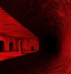  creepy flesh guru head highres long_arms monochrome no_humans original red subway_station surreal traditional_media tunnel 