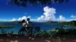  1boy 1girl amemura_(caramelo) bicycle black_hair boat clouds from_behind long_hair original road scenery school_uniform serafuku short_hair sky water 