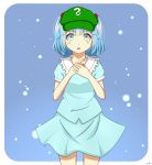  1girl absurdres artist_name bare_legs blue_eyes blue_hair blush cabbie_hat dress frilled_collar frills hair_bobbles hair_ornament hands_clasped hands_on_own_chest hands_together hat heart highres kawashiro_nitori looking_at_viewer puffy_short_sleeves puffy_sleeves short_hair short_sleeves short_twintails skirt skirt_set snow solo standing touhou twintails 