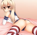  1girl arm_support ass blonde_hair blush brown_eyes crop_top crop_top_overhang elbow_gloves gloves hairband highres kantai_collection long_hair looking_at_viewer looking_back lying midriff panties shimakaze_(kantai_collection) shiny shiny_skin smile solo striped striped_legwear thigh-highs underwear zack_(haiuinndo) 
