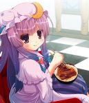  15_(tooka) 1girl blush bow checkered checkered_floor chopsticks crescent eating food hair_bow hat long_hair looking_at_viewer patchouli_knowledge purple_hair rice solo touhou violet_eyes 