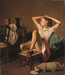  1girl absurdres arms_up balthus cat closed_eyes dated highres oil_painting_(medium) original panties realistic reference_work signature sitting skirt solo therese_dreaming underwear upskirt 