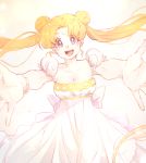  1girl :d bishoujo_senshi_sailor_moon blonde_hair blue_eyes bracelet breasts cleavage crescent dai_(mebae16) double_bun dress facial_mark forehead_mark jewelry long_hair looking_at_viewer open_mouth outstretched_arms princess_serenity smile solo tsukino_usagi twintails white_dress 
