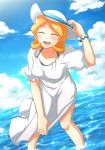  1girl blonde_hair blush character_request closed_eyes clouds danball_senki_w dress happy hat long_hair looking_at_viewer nishina106 ocean open_mouth sky smile solo standing tagme white_dress 