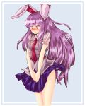  1girl animal_ears bare_legs blush bra covering covering_crotch dress_shirt embarrassed full-face_blush highres kys_(k-k2) lingerie long_hair necktie nose_blush pleated_skirt purple_hair rabbit_ears red_eyes red_necktie reisen_udongein_inaba see-through shirt short_sleeves skirt solo touhou underwear very_long_hair wavy_mouth wet wet_clothes wet_shirt white_bra white_shirt 