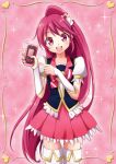  1girl :d aino_megumi cure_lovely hair_ornament happinesscharge_precure! heart_hair_ornament long_hair magical_girl open_mouth pink_background pink_eyes pink_hair pink_skirt ponytail precure skirt smile solo thigh-highs very_long_hair white_legwear yukiya_(shiya) 