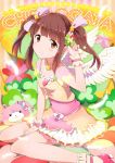  blush bow brown_eyes brown_hair clover feathers four-leaf_clover gochou_(atemonai_heya) hair_bow idolmaster idolmaster_cinderella_girls jewelry necklace ogata_chieri sitting skirt smile twintails wariza wings wrist_cuffs 