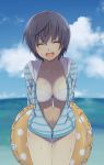  1girl beach black_hair breasts cleavage closed_eyes clouds innertube leaning_forward mattaku_mousuke open_mouth original short_hair sky smile solo swimsuit swimsuit_under_clothes water 