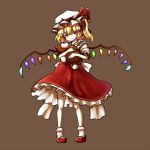  1girl :3 blonde_hair doll_hug flandre_scarlet hat maki_(huran) red_eyes ribbon short_hair side_ponytail solo stuffed_animal stuffed_toy teddy_bear touhou wings 