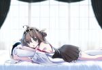  1girl ahoge blush breasts brown_hair detached_sleeves hairband hat headgear kantai_collection kongou_(kantai_collection) long_hair looking_at_viewer lying nontraditional_miko on_stomach open_mouth sideboob skirt solo wide_sleeves yonasawa 