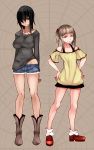  2girls aoshima black_eyes black_hair breasts brown_eyes brown_hair commentary_request denim denim_shorts highres large_breasts long_hair multiple_girls original ring_necklace shorts 