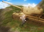  blonde_hair blue_eyes caterpillar_tracks girls_und_panzer highres kay_(girls_und_panzer) leggings military military_vehicle smile t34_heavy_tank tank tank_top vehicle 