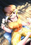  0-den 1girl absurdres animal_ears blonde_hair collarbone dango dutch_angle eating food from_above hat highres looking_at_viewer looking_up midriff navel one_eye_closed rabbit_ears red_eyes ringo_(touhou) shirt short_hair short_sleeves shorts sitting smile solo striped touhou wagashi 