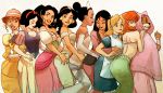 6+girls aladdin_(disney) alice_(wonderland) alice_in_wonderland ariel_(disney) arms_around_waist ass back bare_shoulders black_hair blonde_hair blue_eyes blush breasts brown_eyes brown_hair cleavage disney dress earrings elbow_gloves esmeralda_(disney) fa_mulan_(disney) fox gloves hairband hat hug hug_from_behind jane_porter jasmine_(disney) jewelry joel_jurion lineup looking_back maid_marian_(disney) mermaid mulan multiple_girls naughty_face redhead robin_hood_(disney) shocked_eyes smile snow_white snow_white_and_the_seven_dwarfs tarzan the_hunchback_of_notre_dame the_little_mermaid the_princess_and_the_frog tiana tiara yellow_eyes yuri