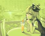  1girl arm_support blonde_hair crescent drinking glass harusame_(unmei_no_ikasumi) hat lunasa_prismriver short_hair short_sleeves sitting solo straw table touhou yellow_eyes 