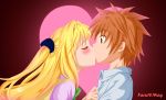  1boy 1girl artist_name blonde_hair blush brown_eyes closed_eyes facu10mag hair_ornament heart heart_background highres kiss konjiki_no_yami long_hair redhead shirt_grab short_hair spiky_hair to_love-ru two_side_up yuuki_rito 