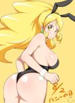  1girl animal_ears ass blonde_hair breasts bunnysuit cure_honey dated happinesscharge_precure! jabara921 large_breasts long_hair looking_at_viewer looking_back magical_girl oomori_yuuko precure rabbit_ears sideboob simple_background solo yellow_background yellow_eyes 