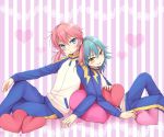  2boys aqua_hair back-to-back blue_eyes heart inazuma_eleven_(series) inazuma_eleven_go kariya_masaki kirino_ranmaru long_hair looking_at_viewer male multiple_boys pink_hair raimon riyu_(yulevy) sitting track_jacket track_pants track_suit twintails yellow_eyes 