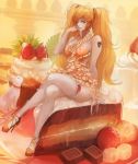  1girl bamuth bare_shoulders blonde_hair blue_eyes cake cat chocolate crossed_legs dress food fruit garters high_heels highres jewelry long_hair nail_polish original oversized_object ring sitting solo strawberry tattoo thigh-highs twintails white_legwear 