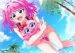  1girl blush clouds eyelashes green_eyes happy long_hair looking_at_viewer nishina106 ocean open_mouth palm_tree pink_hair sky smile solo tagme tree umi_monogatari urin_(umi_monogatari) 