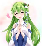  1girl ^_^ blush breasts closed_eyes detached_sleeves exis frog_hair_ornament green_hair hair_ornament heart kochiya_sanae large_breasts long_hair open_mouth snake_hair_ornament solo touhou 