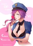  1girl aqua_eyes bra breast_lift breasts crop_top hat heart highres large_breasts league_of_legends looking_at_viewer open_mouth pink_hair police police_uniform policewoman saramande solo underwear uniform vi_(league_of_legends) 