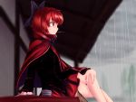  1girl arm_support bare_legs blouse bow cape clouds cloudy_sky crossed_legs cup dango food hair_bow hand_on_leg high_collar highres kys_(k-k2) long_sleeves looking_afar rain red_eyes redhead sekibanki shirt short_hair sitting skirt sky solo teacup toothpick touhou tree tunic wagashi 