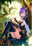  1girl bird blue_eyes breasts elf flute highres in_tree instrument one_eye_closed original owl playing_instrument pointy_ears purple_hair sitting sitting_in_tree solo tree wox 