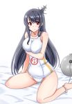  1girl black_hair blush breast_hold breasts cosplay depth_charge fusou_(kantai_collection) headgear kantai_collection large_breasts long_hair maru-yu_(kantai_collection) maru-yu_(kantai_collection)_(cosplay) nokokopopo red_eyes school_swimsuit sitting solo swimsuit wariza white_school_swimsuit white_swimsuit 