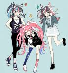  1girl :p alternate_costume alternate_hair_color alternate_hairstyle bandaid bandaid_on_knee black_hair blue_background blue_hair closed_eyes dangan_ronpa double_v dual_persona grin long_hair mioda_ibuki multicolored_hair one_eye_closed otohime_(kk23maa) piercing pink_eyes pink_hair ponytail scar school_uniform serafuku simple_background single_thighhigh skirt sleeveless smile stitches super_dangan_ronpa_2 suspenders thighhighs tongue tongue_out torn_clothes torn_thighhighs v white_hair 