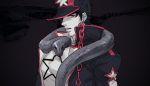  1boy chain hat jojo_no_kimyou_na_bouken kuujou_joutarou less_end long_coat red_eyes snake solo star 