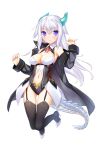  1girl 47agdragon black_legwear breasts dragon_tail garter_straps highres horns jacket long_hair navel original silver_hair smile solo tail thigh-highs violet_eyes 