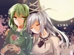  2girls chinese dress elise_(piclic) flower full_moon green_dress green_eyes green_hair hat japanese_clothes kariginu mononobe_no_futo moon multiple_girls petals ponytail ribbon rose short_hair silver_hair sleeping_on_person smile soga_no_tojiko tanabata tate_eboshi touhou 