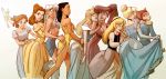  6+girls arms_around_waist atlantis:_the_lost_empire aurora_(disney) bare_shoulders beauty_and_the_beast belle_(disney) blonde_hair brown_hair captain_amelia choker cinderella cinderella_(disney) closed_eyes crown disney dress earrings eilonwy elbow_gloves gloves green_eyes hairband hercules_(disney) jewelry kidagakash looking_back megara_(disney) multiple_girls peter_pan_(disney) pocahontas pocahontas_(disney) ponytail redhead silver_hair skirt_hold sleeping sleeping_beauty the_black_cauldron tinker_bell_(disney) treasure_planet wendy_darling yellow_dress 