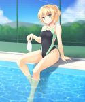 1girl alternate_costume blonde_hair blush competition_swimsuit gomi_(gomitin) green_eyes highres looking_at_viewer mizuhashi_parsee one-piece_swimsuit pointy_ears pool poolside short_hair sitting solo swimsuit touhou wet 