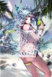  1girl ass beach blue_hair breasts brown_eyes dahl-lange long_hair looking_at_viewer ocean palm_tree qurare_magic_library solo tree twintails water water_gun 