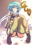  1girl blue_eyes blue_hair feijitian highres scarf shinon_(sao) short_hair short_shorts shorts sitting sword_art_online 