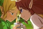  blonde_hair blue_eyes bottle brown_hair forehead-to-forehead link long_hair malon natsukusa_mikan ocarina_of_time pointy_ears smile the_legend_of_zelda 