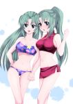  2girls bare_shoulders bikini collarbone green_eyes green_hair half_updo hand_on_hip highres higurashi_no_naku_koro_ni holding_hands long_hair looking_at_viewer moriririnn mound_of_venus multiple_girls navel open_mouth ponytail siblings sisters sonozaki_mion sonozaki_shion standing swimsuit twins very_long_hair 