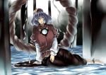 1girl anklet barefoot blue_hair grey_eyes hair_ornament jewelry large_breasts long_skirt mirror necklace pillar rope shimenawa shirt short_over_long_sleeves sitting skirt solo tobisawa touhou yasaka_kanako