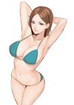  1girl armpits arms_behind_head arms_up bangs bikini blue_bikini blue_eyes breasts brown_hair cleavage daglasses from_above large_breasts long_hair navel original parted_bangs simple_background smile solo string_bikini swimsuit white_background 