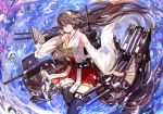  1girl black_legwear boots brown_hair detached_sleeves fan folding_fan haruna_(kantai_collection) headgear kantai_collection leg_up long_hair machinery nontraditional_miko saberiii solo thigh-highs thigh_boots very_long_hair water yellow_eyes 