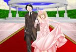  1boy 1girl bad_end black_hair blonde_hair blush breasts cleavage closed_eyes dress female formal genderswap genshiken glasses gloves good_end hato_kenjirou madarame_harunobu male necktie one_eye_closed otaku otaple short_hair skirt_hold suit wedding wedding_dress 